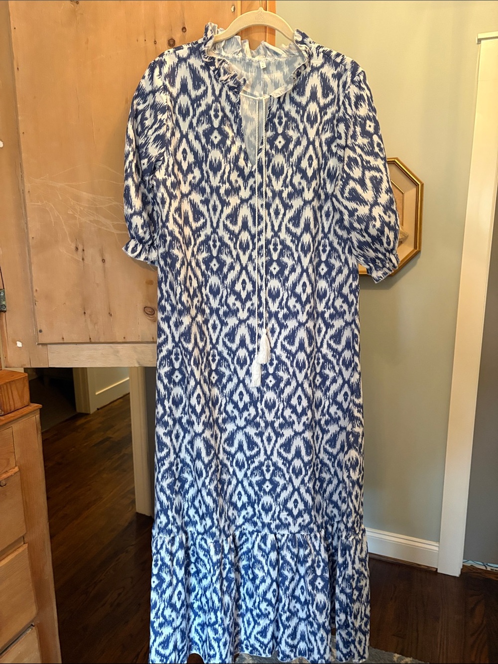 Blue & White Ikat Maxi Dress with V-Neck and Tassel Ties